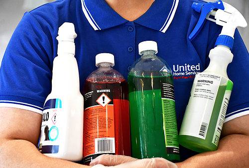 Cleaner holding selection of cleaning chemicals used for home cleaning